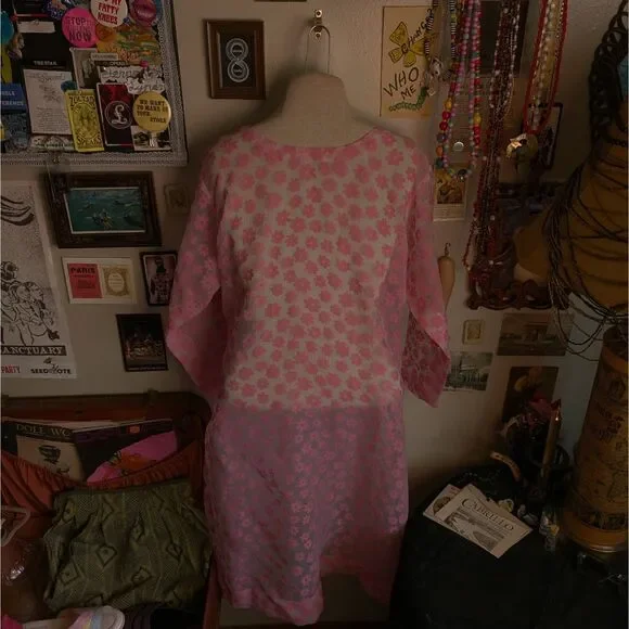 Floral Print Midi Dress Women's Small/Medium Pink Sheer Vintage Cover Up - Picture 3 of 3